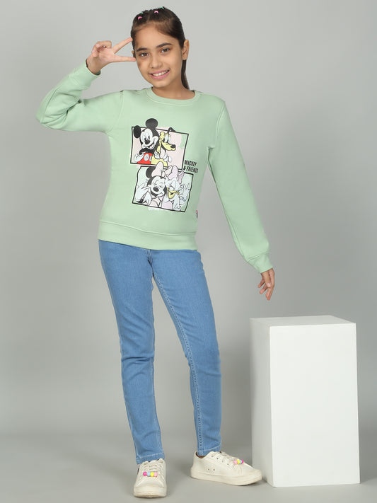Girls Printed Green Round Neck Sweatshirt