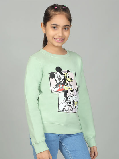 Girls Printed Green Round Neck Sweatshirt