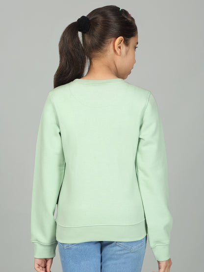 Girls Printed Green Round Neck Sweatshirt