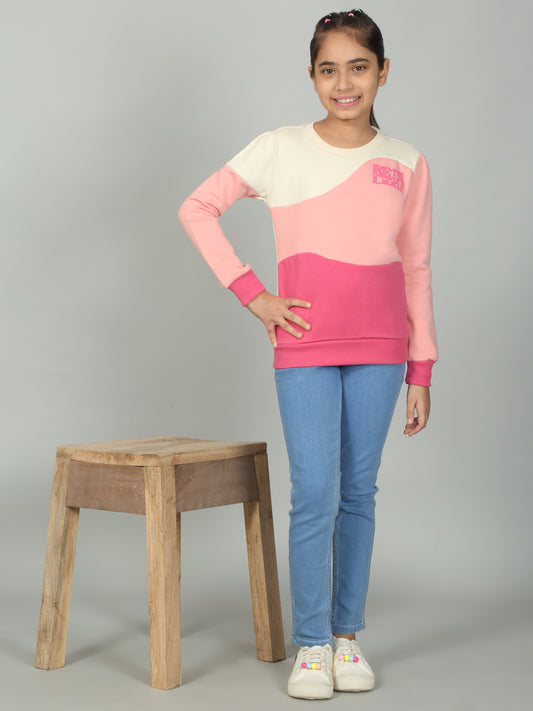 Girls Colorblock Pink Round Neck Sweatshirt