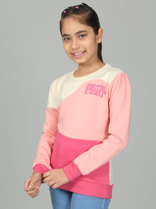 Girls Colorblock Pink Round Neck Sweatshirt