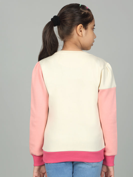 Girls Colorblock Pink Round Neck Sweatshirt
