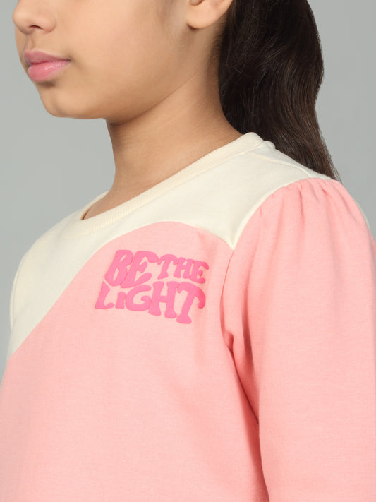 Girls Colorblock Pink Round Neck Sweatshirt
