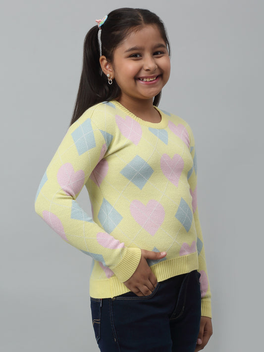Girls Yellow Acrylic Geometric Print Sweater For Winter