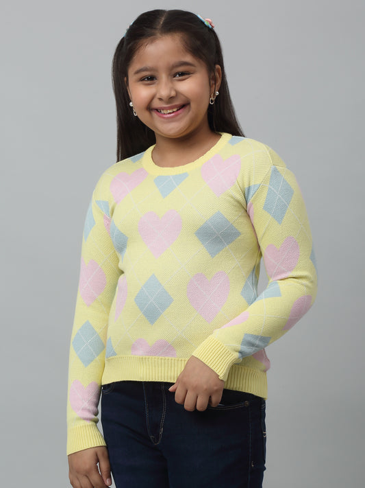 Girls Yellow Acrylic Geometric Print Sweater For Winter