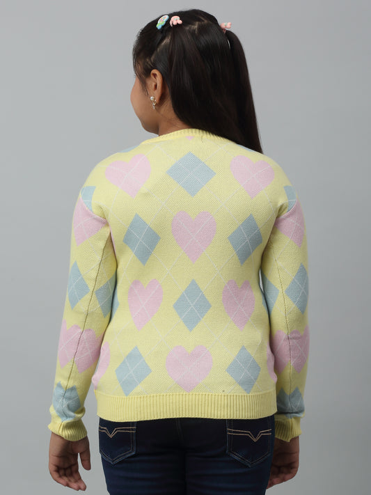 Girls Yellow Acrylic Geometric Print Sweater For Winter