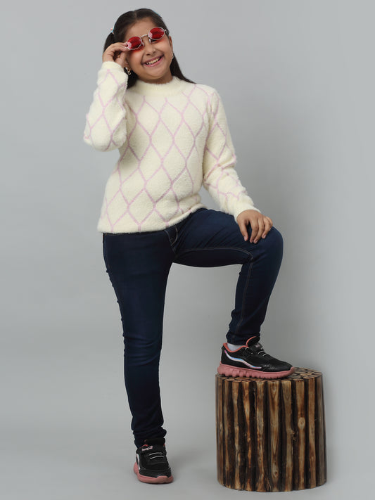 Girls Casual Ivory Full Sleeves Sweater