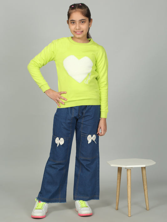 Girls Casual Self Design Green Full Sleeves Sweater