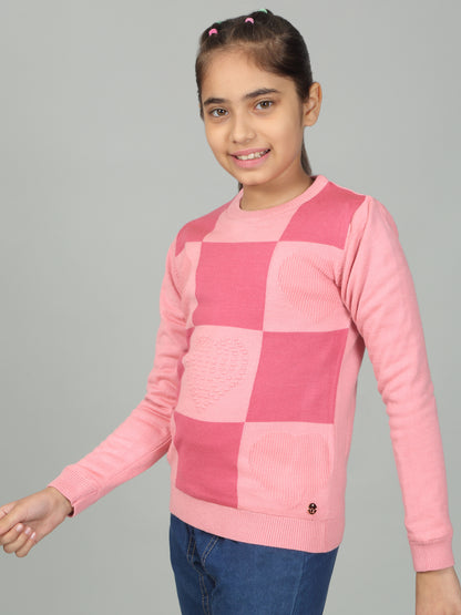 Girls Casual Self Design Pink Full Sleeves Sweater