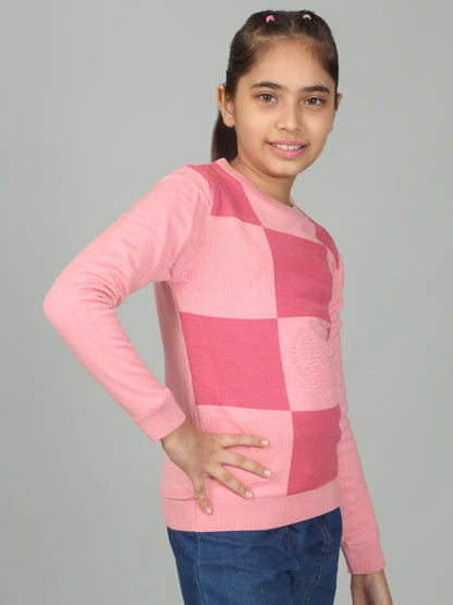 Girls Casual Self Design Pink Full Sleeves Sweater