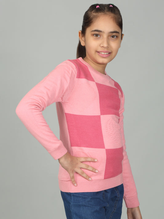Girls Casual Self Design Pink Full Sleeves Sweater