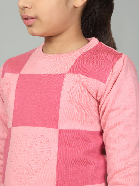 Girls Casual Self Design Pink Full Sleeves Sweater