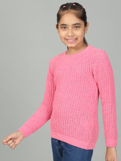Girls Casual Self Design Fuchsia Full Sleeves Sweater