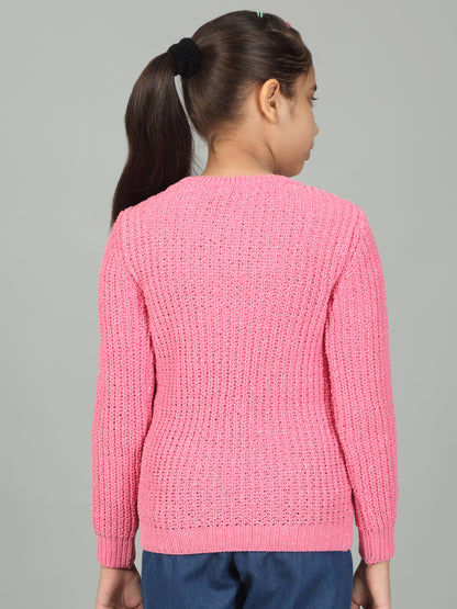 Girls Casual Self Design Fuchsia Full Sleeves Sweater