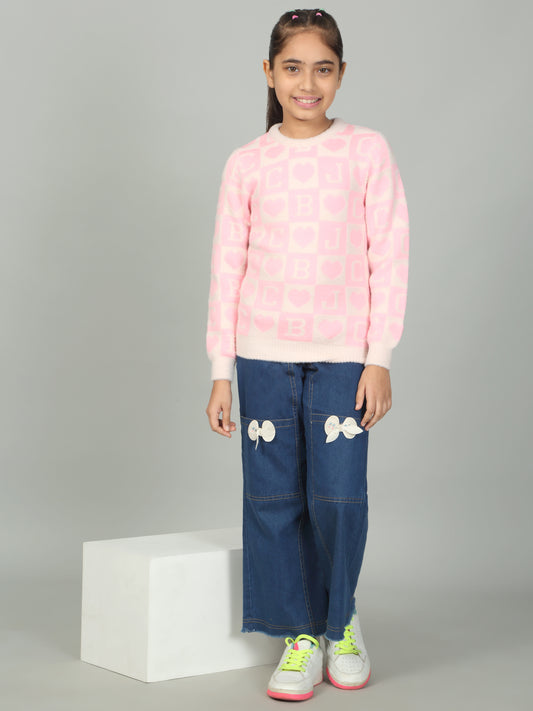 Girls Casual Self Design Pink Full Sleeves Sweater