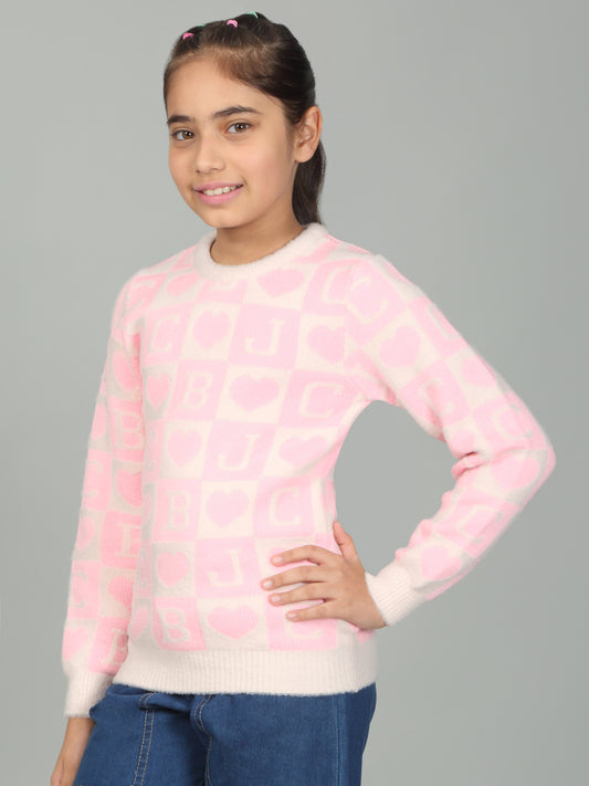 Girls Casual Self Design Pink Full Sleeves Sweater