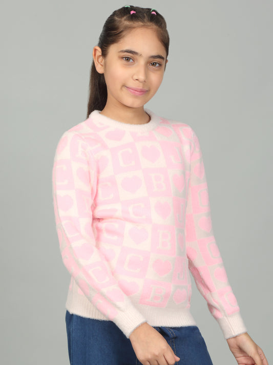 Girls Casual Self Design Pink Full Sleeves Sweater