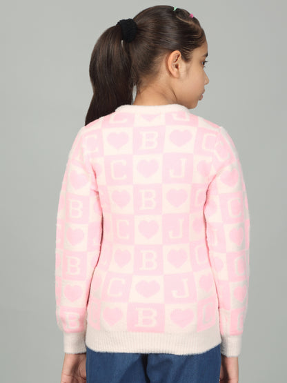 Girls Casual Self Design Pink Full Sleeves Sweater