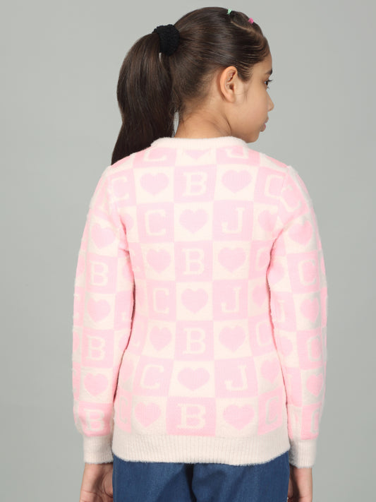 Girls Casual Self Design Pink Full Sleeves Sweater