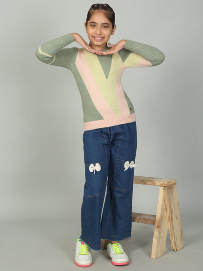 Girls Casual Self Design Green Full Sleeves Sweater