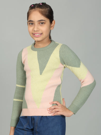 Girls Casual Self Design Green Full Sleeves Sweater