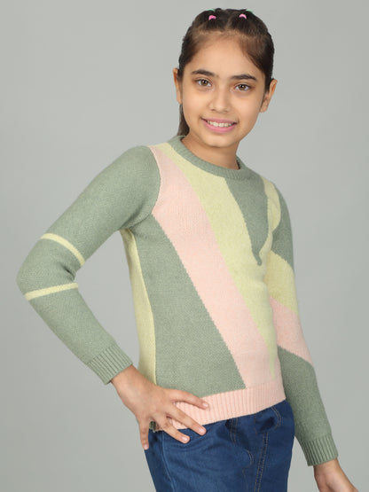 Girls Casual Self Design Green Full Sleeves Sweater