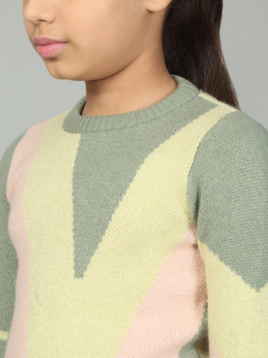 Girls Casual Self Design Green Full Sleeves Sweater