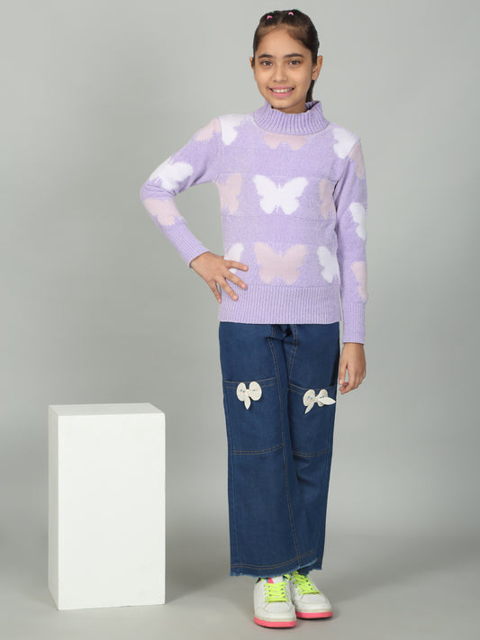 Girls Casual Self Design Lavender Full Sleeves Sweater