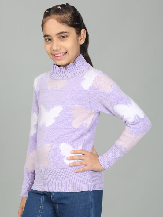 Girls Casual Self Design Lavender Full Sleeves Sweater