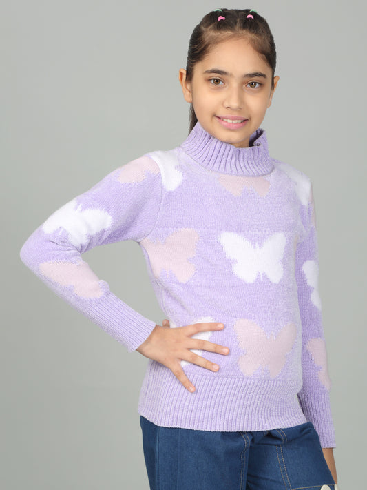 Girls Casual Self Design Lavender Full Sleeves Sweater