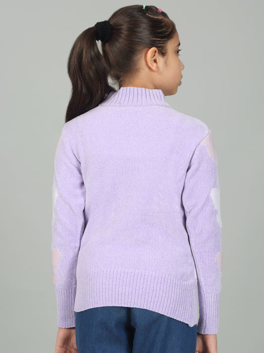 Girls Casual Self Design Lavender Full Sleeves Sweater