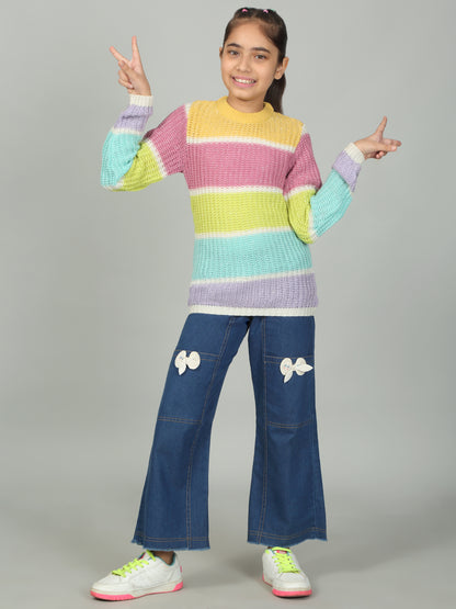 Girls Casual Self Design Multicolor Full Sleeves Sweater