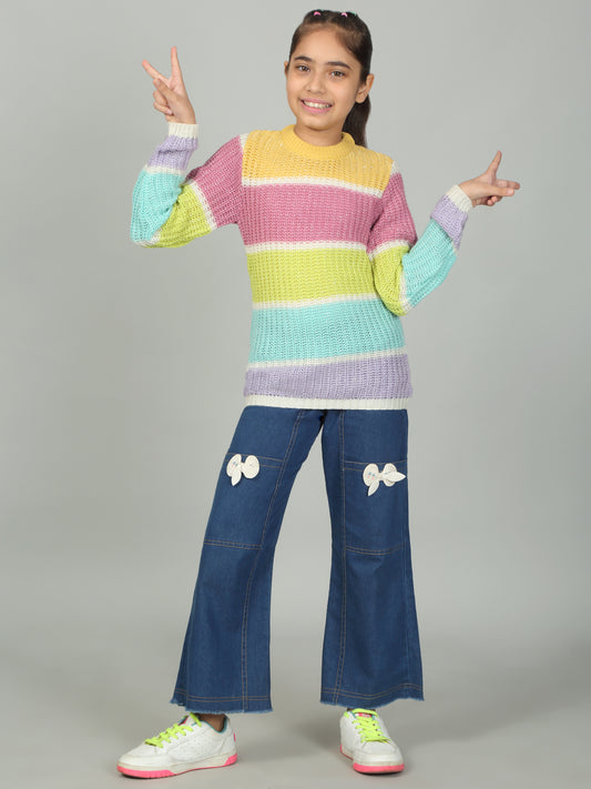 Girls Casual Self Design Multicolor Full Sleeves Sweater