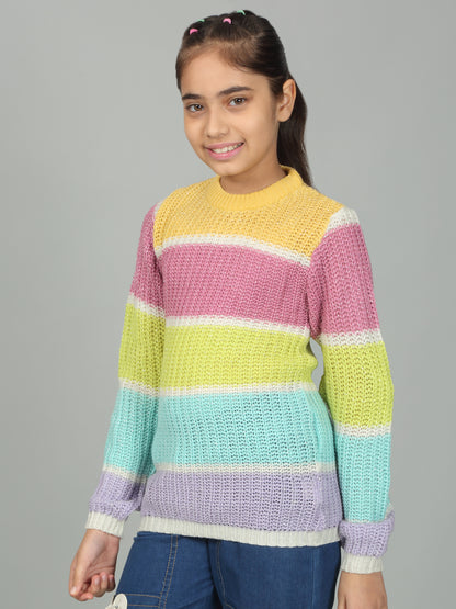 Girls Casual Self Design Multicolor Full Sleeves Sweater