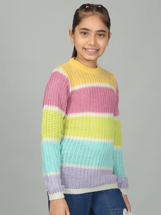 Girls Casual Self Design Multicolor Full Sleeves Sweater
