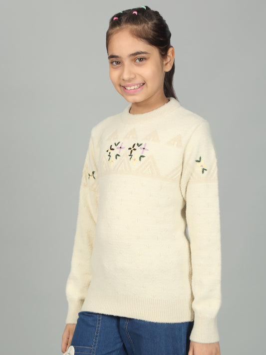Girls Casual Self Design Off White Full Sleeves Sweater