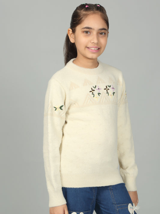 Girls Casual Self Design Off White Full Sleeves Sweater