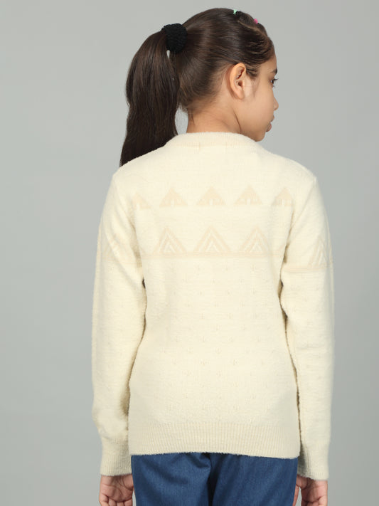 Girls Casual Self Design Off White Full Sleeves Sweater