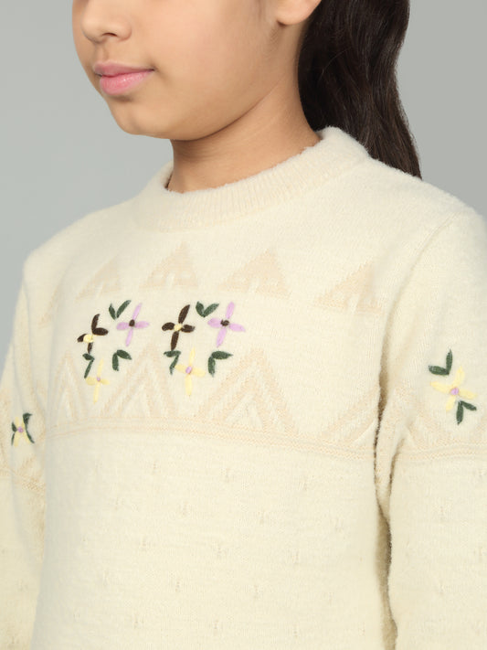 Girls Casual Self Design Off White Full Sleeves Sweater