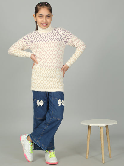 Girls Casual Self Design Cream Full Sleeves Sweater