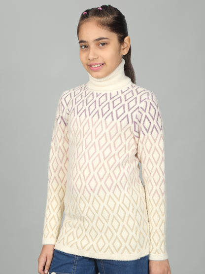 Girls Casual Self Design Cream Full Sleeves Sweater