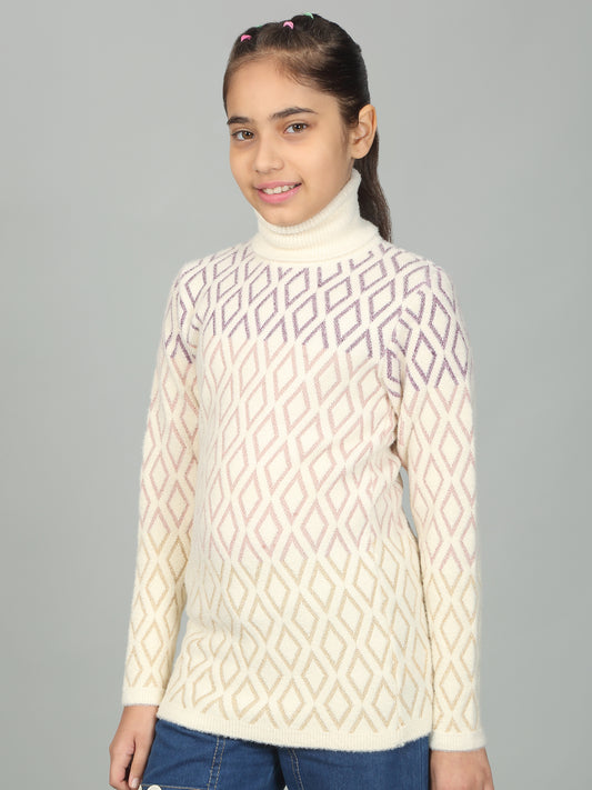 Girls Casual Self Design Cream Full Sleeves Sweater