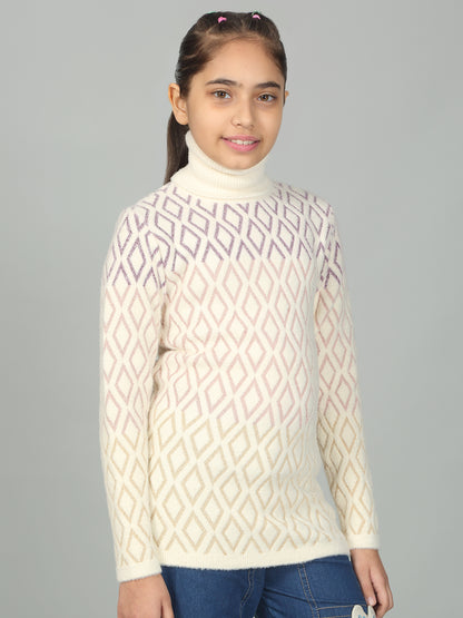 Girls Casual Self Design Cream Full Sleeves Sweater