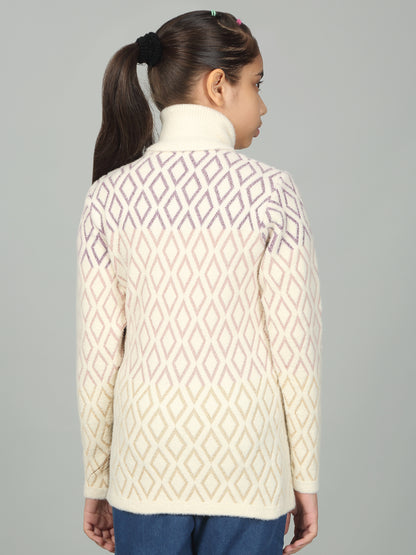 Girls Casual Self Design Cream Full Sleeves Sweater