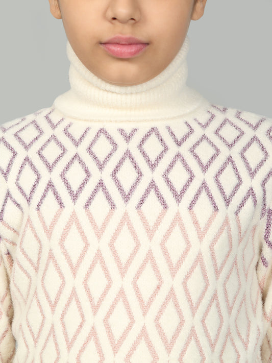 Girls Casual Self Design Cream Full Sleeves Sweater