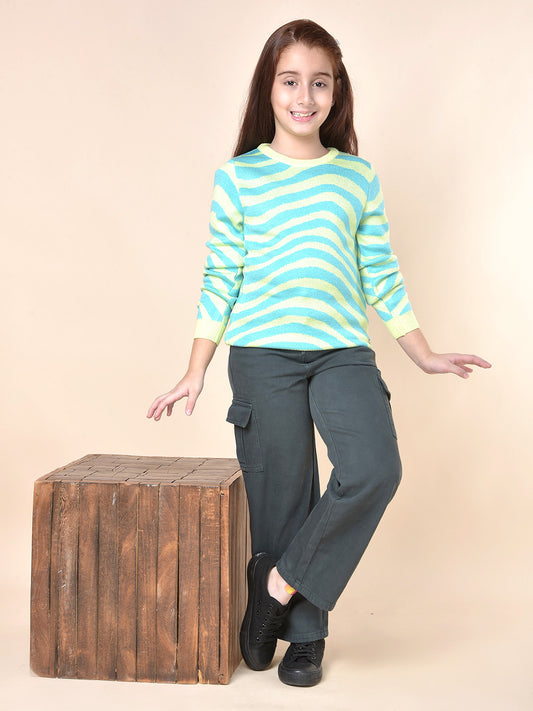 Casual Sweater for Girls | Breathable & Soft with Color Fastness Regular Fit Round Neck Fancy Fabric Striped Pattern