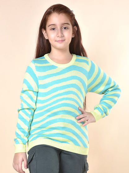 Casual Sweater for Girls | Breathable & Soft with Color Fastness Regular Fit Round Neck Fancy Fabric Striped Pattern