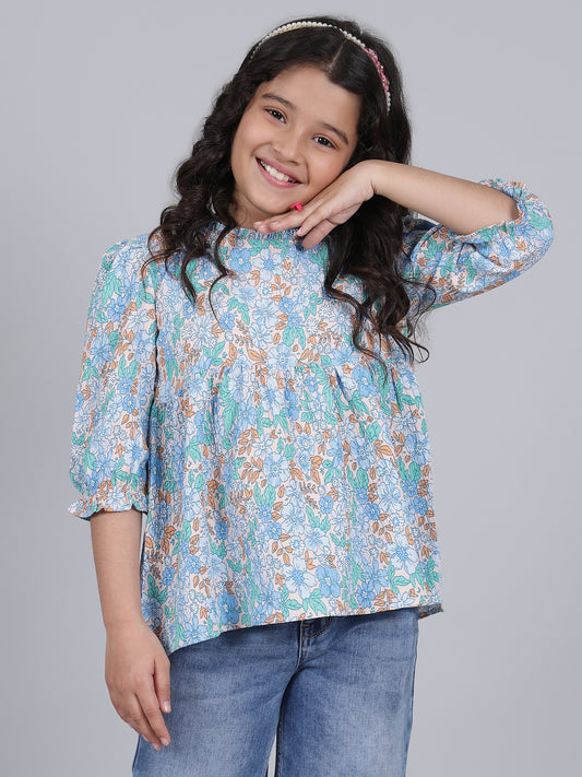Girls Printed Blue Casual Top