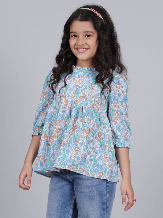 Girls Printed Blue Casual Top