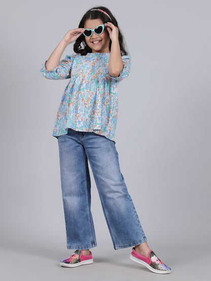 Girls Printed Blue Casual Top